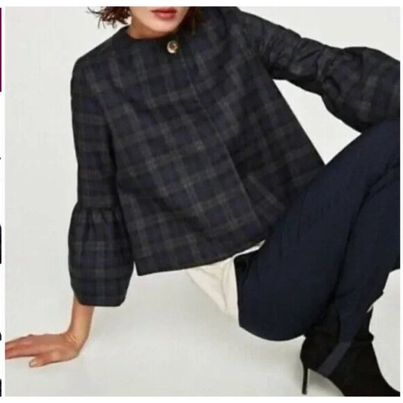 ZARA Basic Plaid Jacket SZ S Modern Crop Ruffle Bell Sleeve Blazer Navy Black - Picture 10 of 10